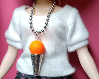 Blythe Doll Necklace: Silver Ball Chain, Neon Orange Ice Cream Pendant