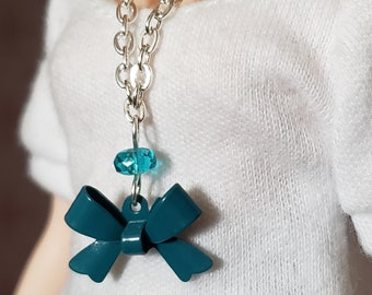 Blythe doll jewelry | doll jewellery | necklace made for dolls | silver chain with enamel bow, teal bead [B289]