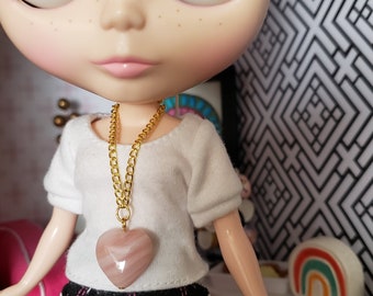 Blythe doll jewelry | doll jewellery | necklace made for dolls | gold chain with pink, glass heart pendant [B254]