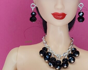 Handmade Barbie Doll Jewelry Set: Black Faceted Glass Necklace & Earrings