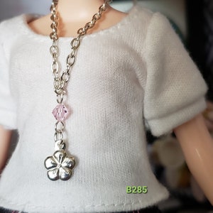 Blythe doll jewelry doll jewellery necklace made for dolls silver chain with silver cherry blossom, pink crystal B285 image 1