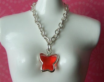 Blythe doll jewelry | doll jewellery | necklace made for dolls | silver with red acrylic butterfly pendant [B121]