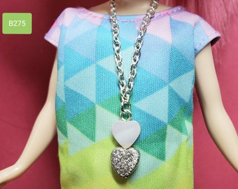 doll jewelry, doll necklace, Necklace for Blythe, Barbie necklace, Chain necklace, double heart necklace, silver & shell pink, B275