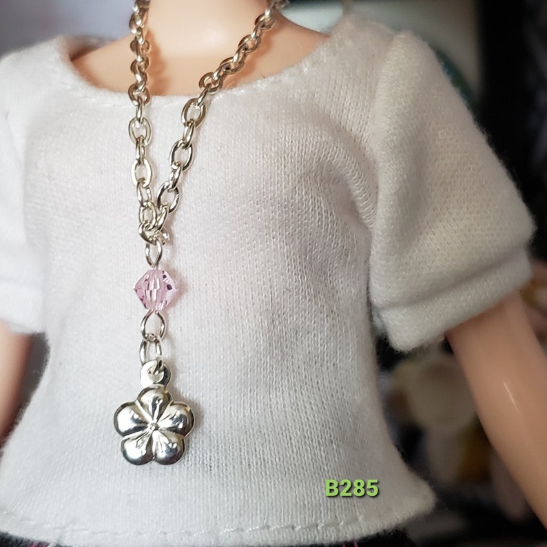 Blythe doll jewelry doll jewellery necklace made for dolls silver chain with silver cherry blossom, pink crystal B285 image 1