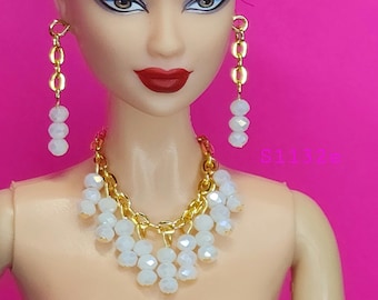 Handmade Barbie Doll Jewelry Set: Gold Chain, White Glass Beads