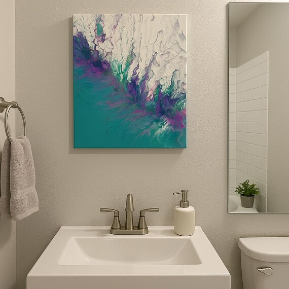 0407 one of a kind painting Hand Poured One-of-a-Kind Artwork - Original Abstract Art - Coral Blue -  16\"x20\"