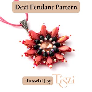 May include: A handmade pendant with a floral design. The pendant features coral-coloured petals, black accents, and a central crystal. The pendant hangs from a pink cord. The text "Dezi Pendant Pattern" and "Tutorial | by Tiszi" are visible.