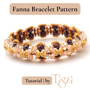 May include: A beaded bracelet with the text "Fanna Bracelet Pattern". The bracelet features a pattern of gold, brown, and clear beads. The text "Tutorial by Tiszi" is also visible.