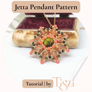 May include: A beaded pendant necklace with a starburst design. The pendant features orange, green, and black beads, with a gold chain. The text "Jetta Pendant Pattern" is at the top of the image, and "Tutorial | by Tiszi" is at the bottom.