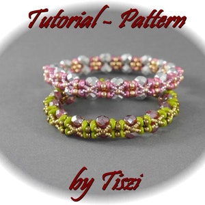 Beading tutorial for beaded bracelet Ditta with SuperDuo and firepolished beads. Beading pattern. PDF instructions, step by step