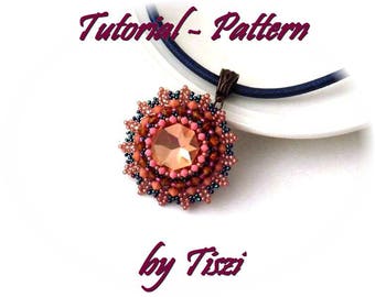 Pendant pattern, beading tutorial for beaded pendant Edvina with 27 mm rivoli and bicones, PDF instructions, step by step