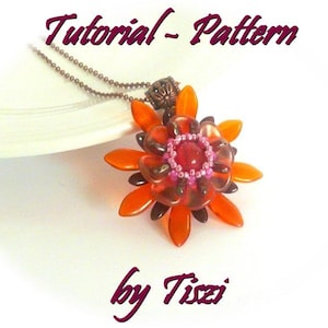 Beading tutorial for beaded pendant Cicelle, beaded flower pattern with daggers, Rizo and petal beads. PDF instruction, step by step