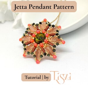 May include: A star-shaped pendant with a gold chain, featuring orange, brown, and green beads. The pendant is labeled "Jetta Pendant Pattern" and "Tutorial | by Tiszi". The jewelry is set against a white background.