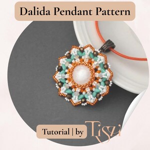 May include: A beaded pendant with a floral design, featuring white, turquoise, and orange beads. The pendant is on an orange cord. The image includes the text "Dalida Pendant Pattern" and "Tutorial | by Tiszi".