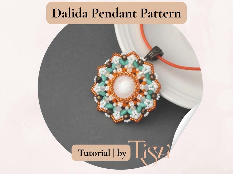 May include: A beaded pendant with a floral design, featuring white, turquoise, and orange beads. The pendant is on an orange cord. The image includes the text "Dalida Pendant Pattern" and "Tutorial | by Tiszi".