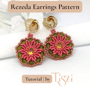 May include: Handmade Rezeda earrings with a floral design. The earrings have a gold-coloured knot detail at the top, with a central cluster of orange beads surrounded by pink and green beads. The text "Rezeda Earrings Pattern" is at the top.