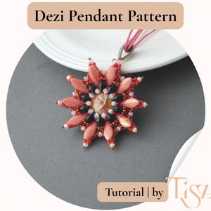 May include: A beaded pendant in a starburst design, featuring coral, black, and clear beads, with an iridescent central bead. The text "Dezi Pendant Pattern" is at the top. The pendant is on a white plate.