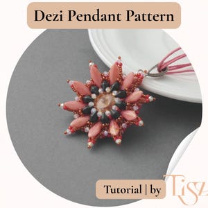 May include: A beaded pendant with a floral design. The pendant has a central stone surrounded by pink, black, and red beads. The text "Dezi Pendant Pattern" is at the top, and "Tutorial | by Tiszi" is at the bottom.