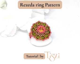 Rezedaビーズリングパターン - 8mmチャトンを使った花柄デザイン - PDFチュートリアル - Tiszi®チュートリアル