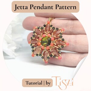 May include: A star-shaped pendant with a central green gem, surrounded by orange, brown, and black beads. The pendant hangs from a gold chain. Text at the top reads "Jetta Pendant Pattern" and at the bottom "Tutorial | by Tiszi".