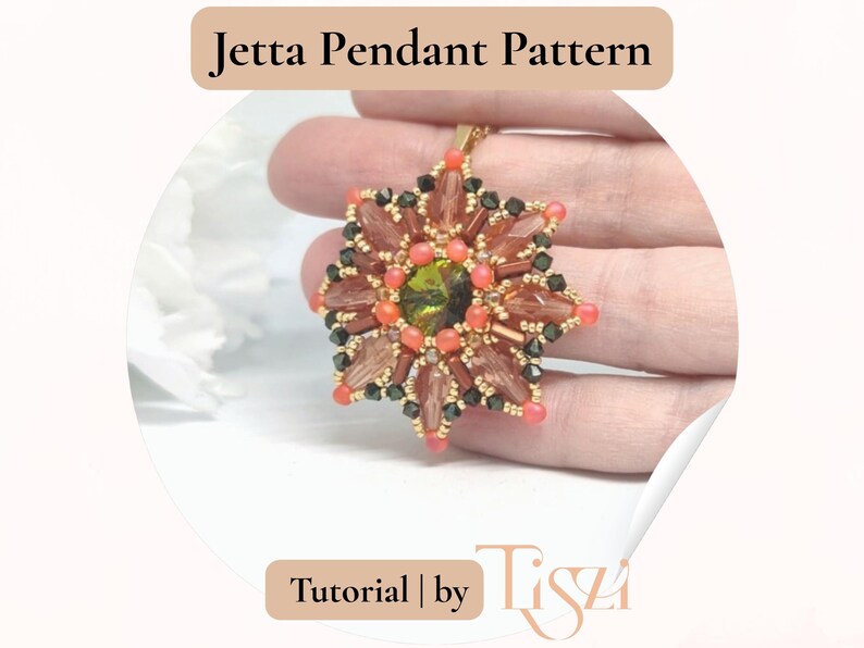 May include: A star-shaped pendant with a central green gem, surrounded by orange, brown, and black beads. The pendant hangs from a gold chain. Text at the top reads "Jetta Pendant Pattern" and at the bottom "Tutorial | by Tiszi".