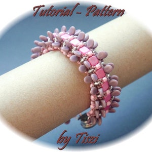 Beading pattern, tutorial for beaded bracelet Nelda with Tile, SuperDuo and Pip beads. PDF instructions for bracelet. Step by step tutorial