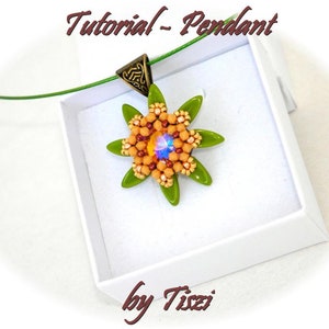 Beading tutorial for beaded pendant Edna, beaded flower pattern with Chilli beads, bicones and rivolis. PDF instruction, step by step