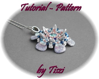 Beading pattern for beaded pendant Klelia, tutorial for Chilli beads, SuperDuo and rose petals, PDF instructions step by step