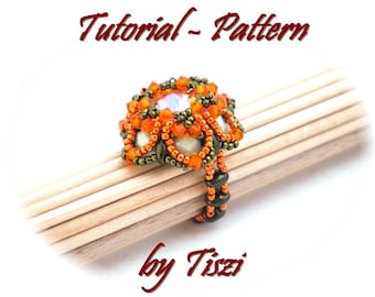 Beading pattern, tutorial for beaded ring Rasdi with SuperDuo and rivoli. PDF instructions for beaded ring. Step by step pattern