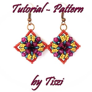 Beading pattern, tutorial for beaded earring Cettina with SuperDuo and bicone, PDF instructions, Step by step