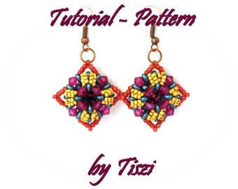 Beading pattern, tutorial for beaded earring Cettina with SuperDuo and bicone, PDF instructions, Step by step