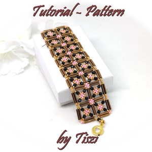 Beading pattern, tutorial of beaded bracelet Oxana, with bugle beads, firepolished beads and seed beads, PDF instructions step by step