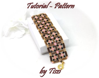 Beading pattern, tutorial of beaded bracelet Oxana, with bugle beads, firepolished beads and seed beads, PDF instructions step by step