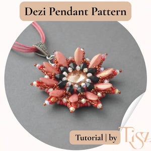 May include: A beaded pendant in a floral design, with coral, black, and clear beads. The pendant hangs on a pink cord. The image includes the text "Dezi Pendant Pattern" and "Tutorial | by Tiszi".