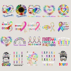Puede incluir: Colección de diseños gráficos coloridos con texto relacionado con la concienciación sobre el cáncer. Los diseños incluyen cintas, corazones y frases como "Fight Cancer in All Colors" y "Support Squad."