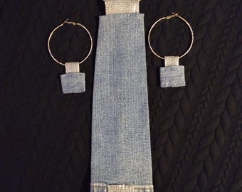 Necktie for Women Gift Set Tie and Earrings Trendy Denium Jean