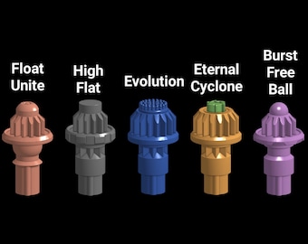 May include: Five distinct gear-shaped components arranged in a row, labeled Float Unite in copper, High Flat in gray, Evolution in blue, Eternal Cyclone in orange with a green top, and Burst Free Ball in purple, all set against a black background.