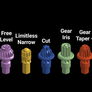 May include: Five distinct plastic gear components in purple, yellow, blue, light green, and orange. Each piece features a unique top shape and is labeled with text: Free Level, Limitless Narrow, Cut, Gear Iris, and Gear Taper + above each item.