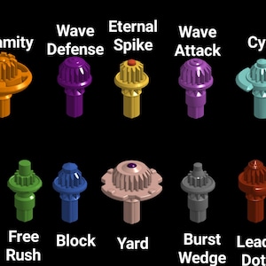 May include: A collection of ten colorful toy tops, each with a unique design and name. The tops are in shades of orange, purple, yellow, green, blue, tan, gray, and red. The names of the tops are displayed above or below each top.