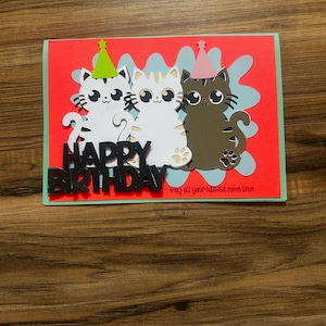 Happy birthday greeting card with cats and party hats
