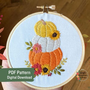 Motif PDF à broder à la main avec pile de citrouilles d'automne en téléchargement numérique - tous les niveaux de compétence - modèle PNG - point lent de tournesol récolte d'automne