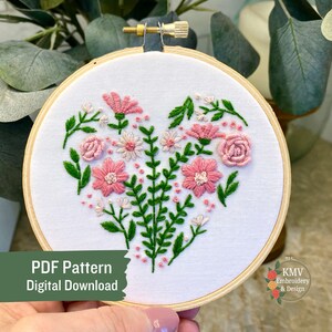 Floral Heart Hand Embroidery PDF Pattern Digital Download - All Skill Level - PDF PNG Template -Ivy Rose Wild Flower Love Learn to Embroider