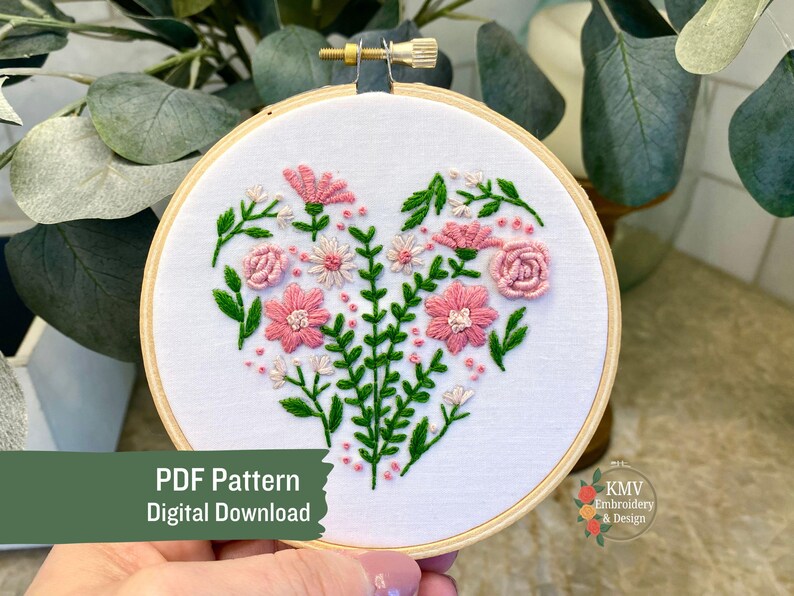 Floral Heart Hand Embroidery PDF Pattern Digital Download - All Skill ...