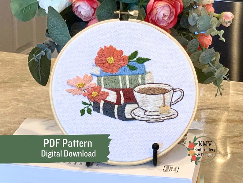 May include: Embroidered hoop art featuring a stack of books with a cup of tea and flowers. The text "PDF Pattern Digital Download" is at the bottom of the image.