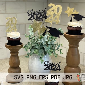 Décoration pour cupcakes de remise des diplômes SVG 2024, décoration de fête fichiers coupés, promotion 2024, dessert, décoration de table, créations artisanales en papier mat pailleté, étoile, casquette