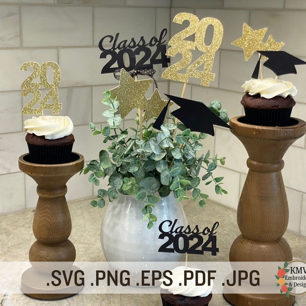 SVG 2024 Graduation Cupcake Topper, Party Decoration Cut Files, Class of 2024, Dessert, Table Decor, Glitter Matte Paper Craft, Star, Cap