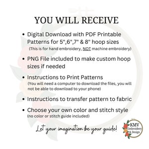 May include: A digital download for embroidery patterns for 5", 6", 7", and 8" hoop sizes. The text "YOU WILL RECEIVE" is at the top of the image. The text "Let your imagination be your guide!" is at the bottom of the image. The image also includes the text "KMV Embroidery & Design".
