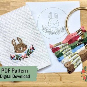 Fluffy Bunny Floral Hand Embroidery PDF Pattern Digital Download - All Skill Levels - Easter Rabbit Spring Decor Hand Towel Pastel Colors