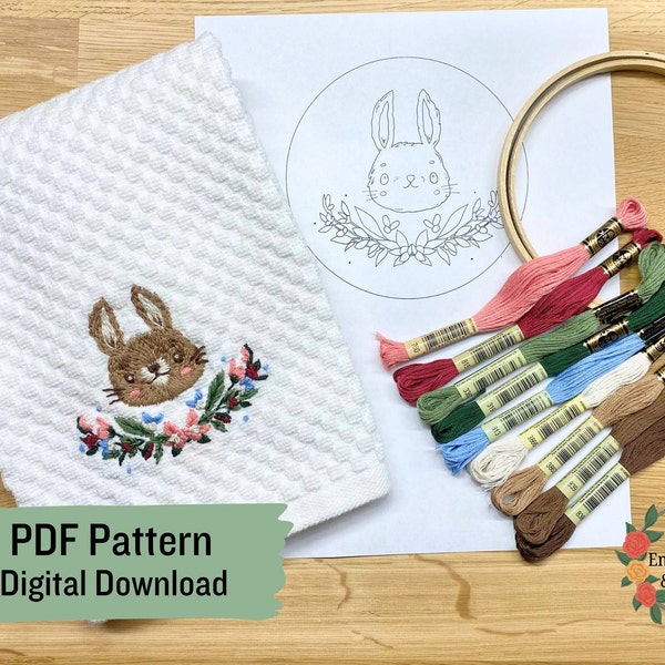Flauschiges Häschen Blumen Handstickerei PDF Muster Digitaler Download - Alle Schwierigkeitsstufen Anfänger Vorlage - Ostern Frühling Kaninchen Handtuch