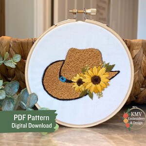 Cowgirl Hat with Sunflowers Hand Embroidery PDF Pattern Digital Download, Slow Stitch, All Skill Levels, Womens Country Western Sunhat
